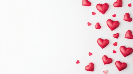 Delicate hearts dance across a pristine white canvas, capturing the essence of love in a tender, whimsical arrangement perfect for Valentine's Day.