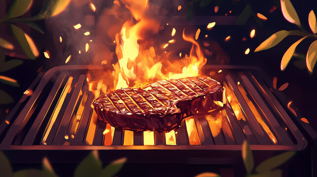 A grilled steak on a flame-lit grill, showcasing cooking techniques. Flamelit. Illustration