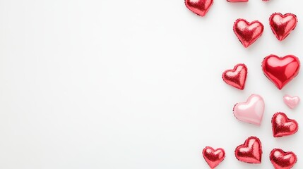 A delightful array of vibrant red and pink hearts spread across a pristine white surface, capturing the spirit of love and celebration for Valentine's Day.