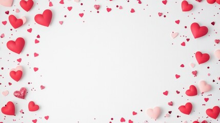 Delicate hearts dance on a pristine white canvas, embodying love's sweet essence, whispering promises of affection and connection on Valentine's Day.