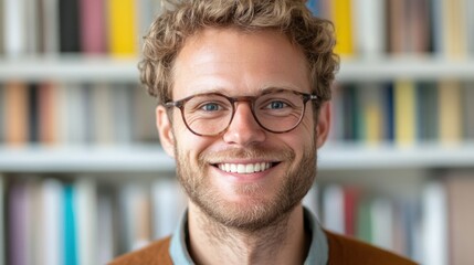 Blond man smiles while working remotely on his laptop at home, with colorful bookshelves visible in the background, creating a cozy environment