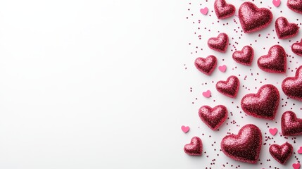 Fototapeta premium Delicate hearts in vibrant pink and red mingle with playful confetti, creating a joyful Valentine's Day celebration on a soft white canvas.