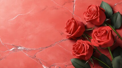 Red roses bloom gracefully on a smooth marble surface, set against a passionate crimson backdrop, capturing the essence of love and romance.