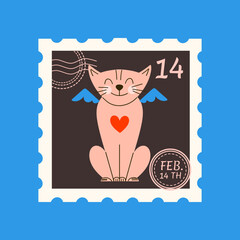 Valentine's Day stamp with cute cat angel. Vector hand draw illustration