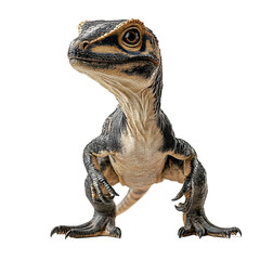 Obraz premium Cute Baby Dinosaur with Black and Brown Stripes Standing on White Background, Isolated.