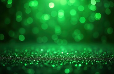 Obraz premium Emerald green glitter background with bokeh effect. Abstract pattern creates festive, shiny texture. Suitable for St Patricks Day party invitations birthday cards Christmas sales. Image features