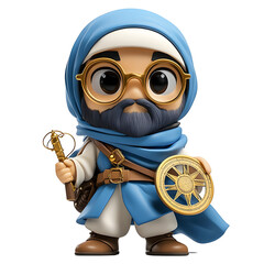 Cute Cartoon Character with a Compass and a Staff in a Blue Robe and Glasses Holding a Compass on a White Background Isolated on Transparent Background