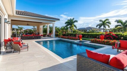 Obraz premium Elegant villa pool terrace featuring a glistening infinity pool, tropical landscape, and festive red accents