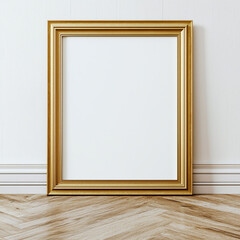 Gold mock up poster frame on the wooden floor by the wall