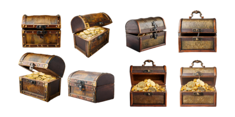 Vintage Treasure Chests Filled with Golden Coins on Transparent Background