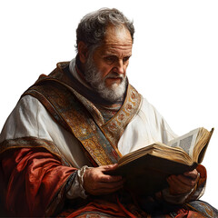Fototapeta premium Elderly man in a robe reading an open book with a thoughtful expression isolated on a transparent background.