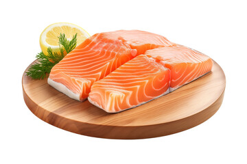 slice of raw salmon on wooden board isolated white or transparent background