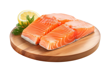 slice of raw salmon on wooden board isolated white or transparent background
