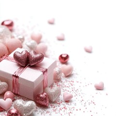 A charming white gift box adorned with a delicate pink ribbon and two playful hearts, perfect for celebrating love on Valentine's Day.