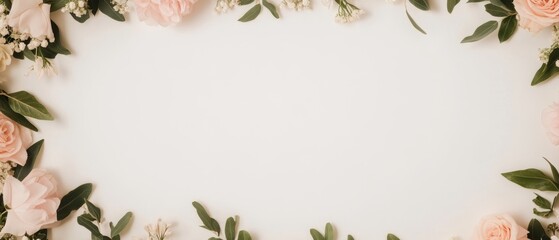 Naklejka premium Delicate pink flowers bloom against a pristine white backdrop, their green leaves adding a touch of freshness, perfect for celebrating love this Valentine's Day.