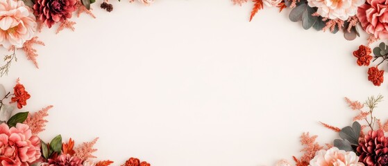 Obraz premium A delicate white canvas adorned with a vibrant border of blooming flowers and lush leaves, perfect for celebrating love and romance on Valentine's Day.