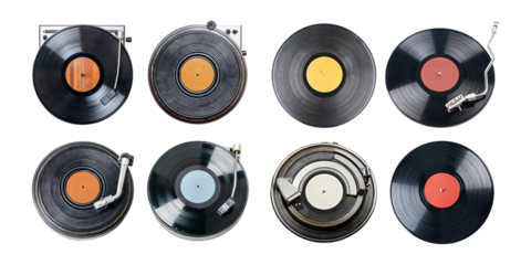 Collection of Vintage Vinyl Records with Turntables on White Background