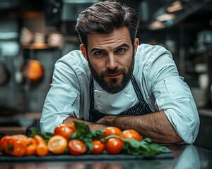 Fototapeta premium Confident chef leans on kitchen counter with fresh tomatoes and basil.