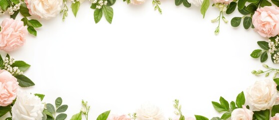 Fototapeta premium A delicate frame of pink and white flowers encircles lush green leaves, creating a romantic backdrop perfect for celebrating love on Valentine's Day.