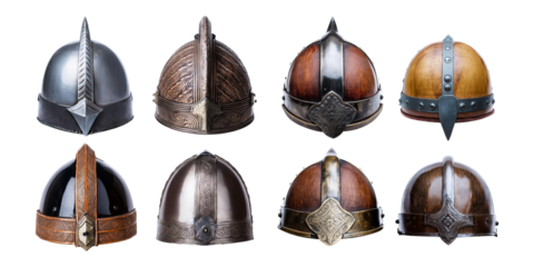 Assorted Historical Helmets Displayed on Transparent Background