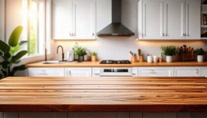 A wooden countertop in a kitchen with white cabinets, featuring a