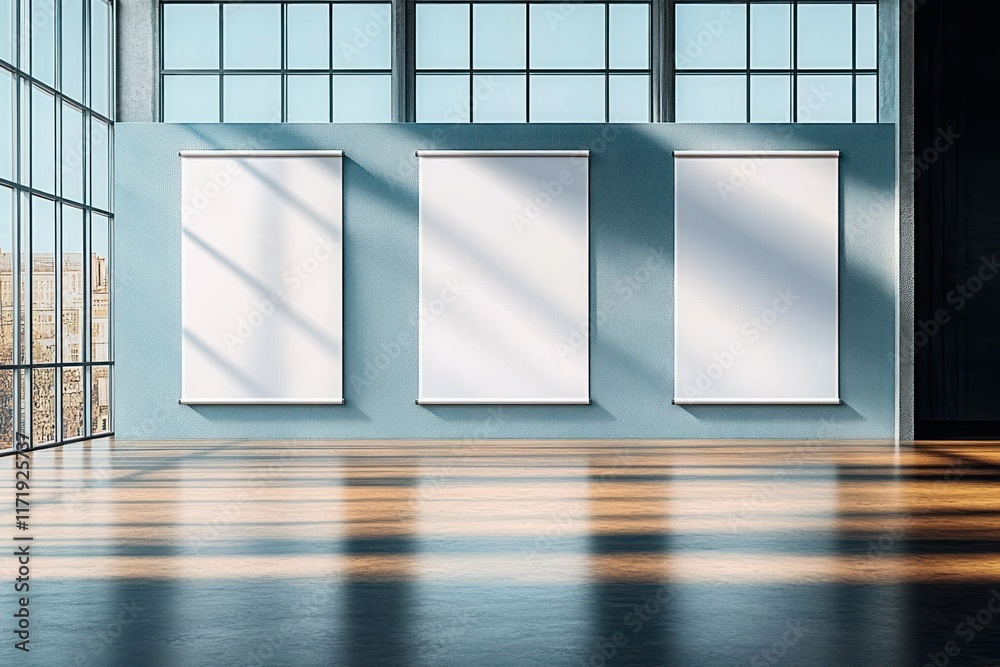 Poster modern exhibition space with three empty roll-up banners in a bright interior featuring large window