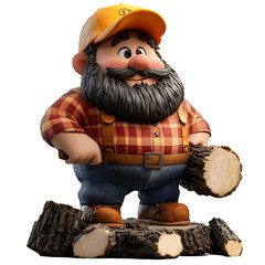 Smiling cartoon lumberjack wearing plaid shirt and holding a log standing on tree logs isolated on transparent background.