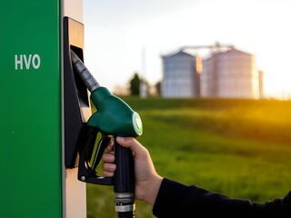 Green HVO Biofuel Pump Held by Person in Reflective Safety Vest with Industrial Tanks in Soft Lighting