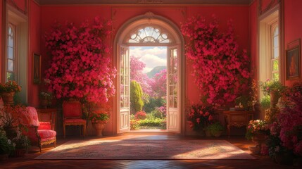 A cozy room awaits, adorned with soft pink hues, featuring a charming pink chair beside a welcoming door, perfect for a romantic Valentine's Day retreat.