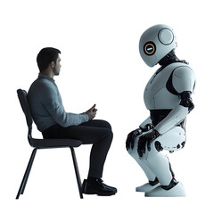 Human and Robot Sit Facing Each Other in a Minimalist Setting with Isolated Background