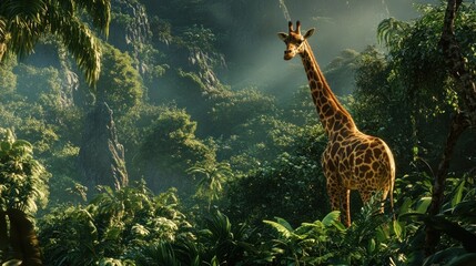 Obraz premium A giraffe standing amidst lush greenery in a vibrant jungle setting.