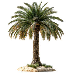 Isolated Palm Tree with Green Fronds and a Brown Trunk on a White Background.