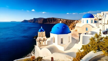 Obraz premium Greek church with three blue domes in the village of Oia, Santorini 