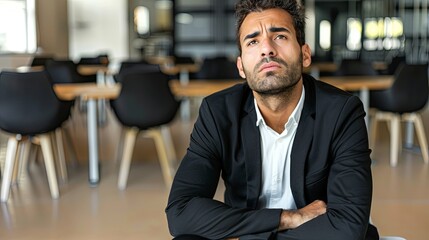 Fototapeta premium Solitary businessman in modern office, surrounded by empty desks and dim lighting, expressing loss and uncertainty, symbolizing corporate layoffs. 