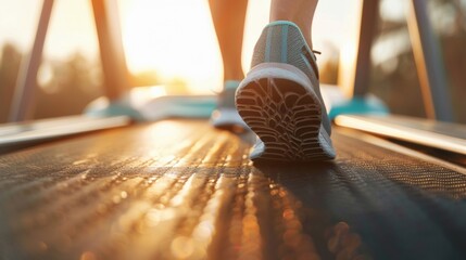 Running shoes move steadily on a treadmill as the sun sets, highlighting an energizing workout routine in a home gym setting