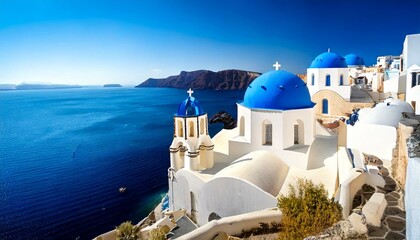 Fototapeta premium Greek church with three blue domes in the village of Oia, Santorini 
