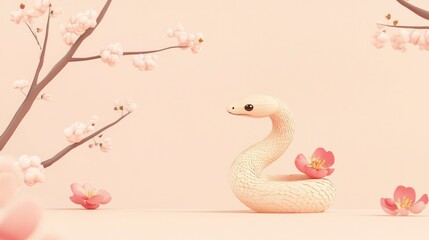 Fototapeta premium Pastel snake coiled with cherry blossoms.