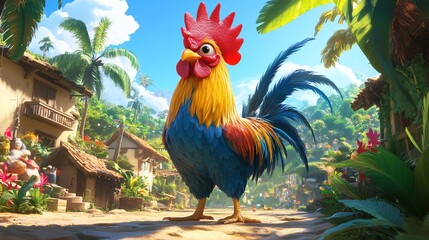 Cartoon rooster in vibrant tropical village.