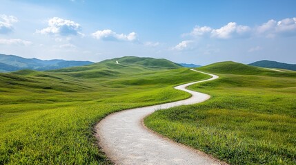 A beautiful landscape with green hills, blue skies, and a winding bicycle path symbolizing World Bicycle Day with copy space for text, promoting eco friendly transportation.