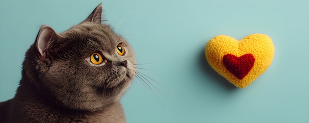 Fototapeta premium Gray British cat looks at yellow knitted heart on blue background. Valentine's Day, for greeting card or advertising banner with copy space. Romantic gift, celebration on February 14.