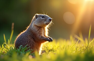 Adorable groundhog emerges from burrow, basks in warm sunlight on sunny day. Rodent cute, furry. Wildlife scene in nature. Winter ending. February tradition. Groundhog Day prediction. Celebration of