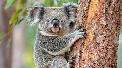 Fototapeta premium The koala calmly clings to the rough bark of the tree trunk, its fluffy grey fur blending seamlessly with the textured surface as it gazes out at the world with bright, curious eyes.