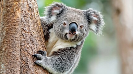 Fototapeta premium The koala calmly clings to the rough bark of the tree trunk, its fluffy grey fur blending seamlessly with the textured surface as it gazes out at the world with bright, curious eyes.
