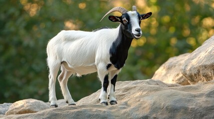 Fototapeta premium A goat stands on rocks in a natural setting, showcasing its unique black and white coat.