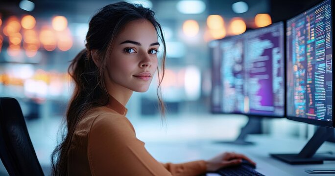 Woman Working at Dual Monitor Setup in Modern Office Analyzing Digital Invoices and Bills - Powered by Adobe