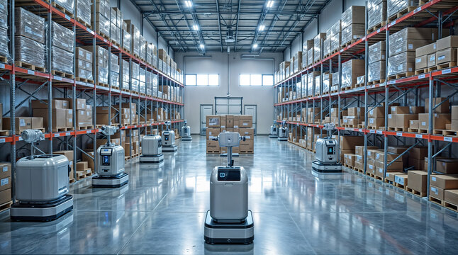 Moderne Logistik: Robotik und Automatisierung in einem Smart-Warehouse gro&szlig;es Warenlager setzt auf automatisierte Roboter