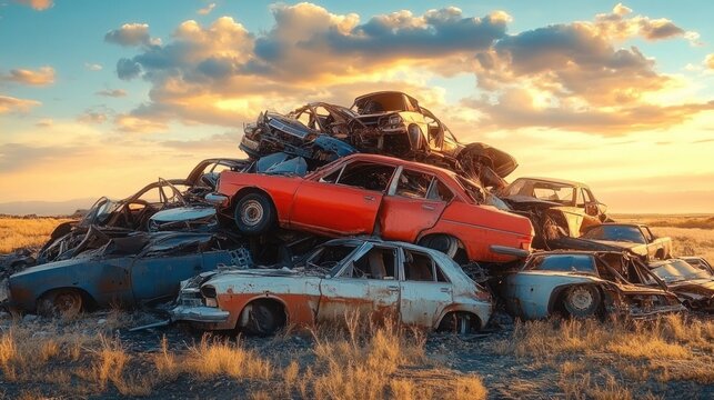 Dystopian Car Dump Featuring Rusty Abandoned Vehicles and Surreal Lighting