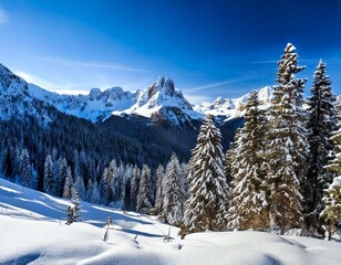 Snowy winter landscape, Dolomites, Italy, Europe
