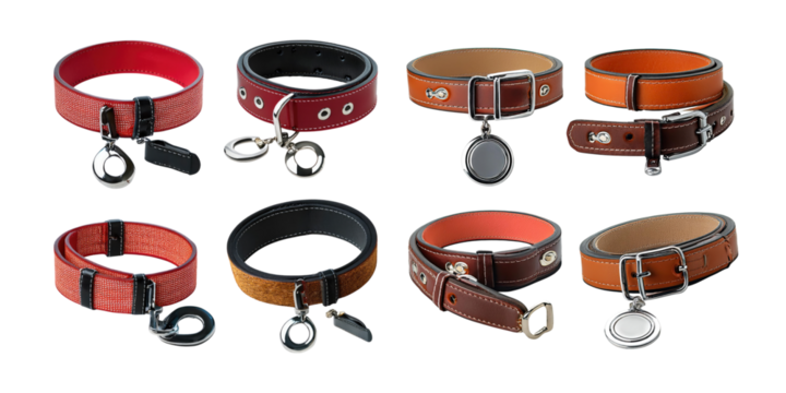 Variety of Colorful Pet Collars on Transparent Background
