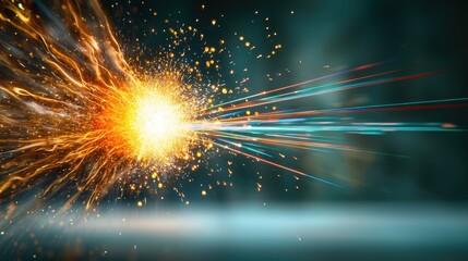 The illustration shows vibrant colored lines representing positrons and electrons colliding, creating a burst of light as they annihilate each other and release energy in the form of photons